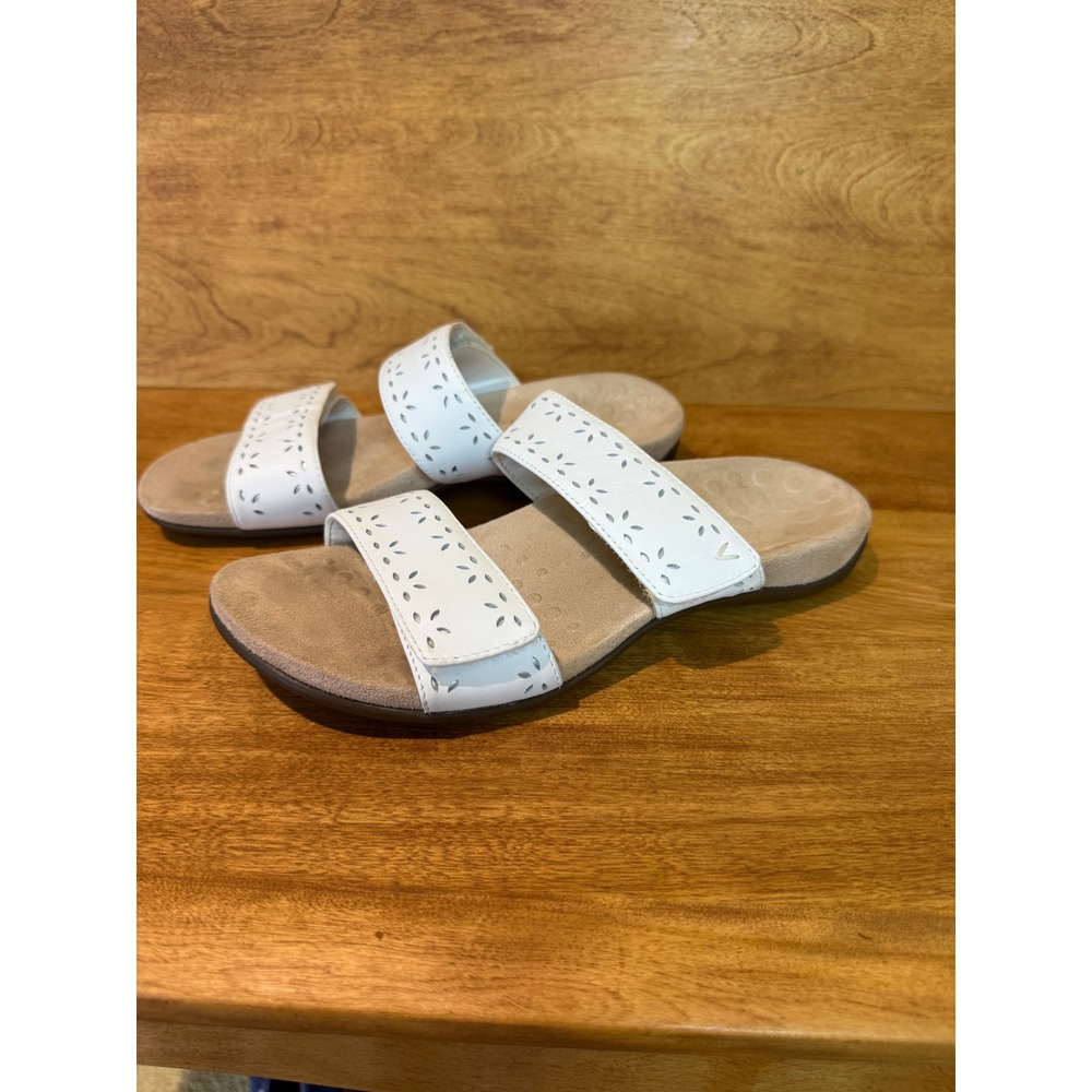 Vionic Randi White Leather Slide Sandals Orthotic Adjustable Straps Womens 8